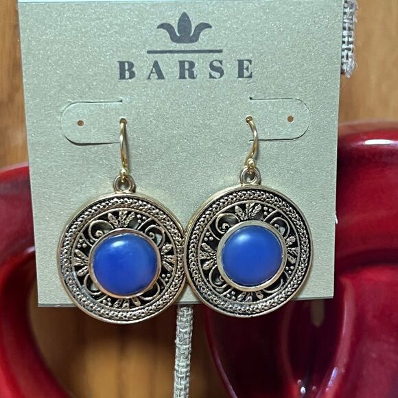 NWT BARSE Genuine Stones Blue Agate and Golden Detail Drop Earrings #BJER - Picture 4 of 11